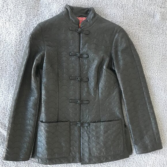 Shanghai Tang Embroidered Brown Leather Coat Silk Lining Sz 2 - Picture 1 of 6